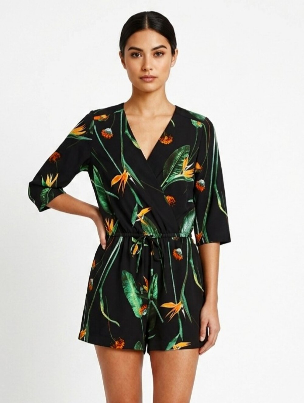 Romper Black Tropical Print Wrap  with Green & Orange Floral By Reitmans size S